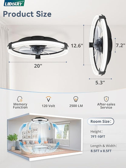 LEDIARY Ceiling Fans with Lights, 20 Inch Low Profile Ceiling Fan with Remote, 6 Speeds, Reversible, Dimmable Flush Mount Fan Light, Modern Fandelier Ceiling Fan with Lights for Bedroom, Black