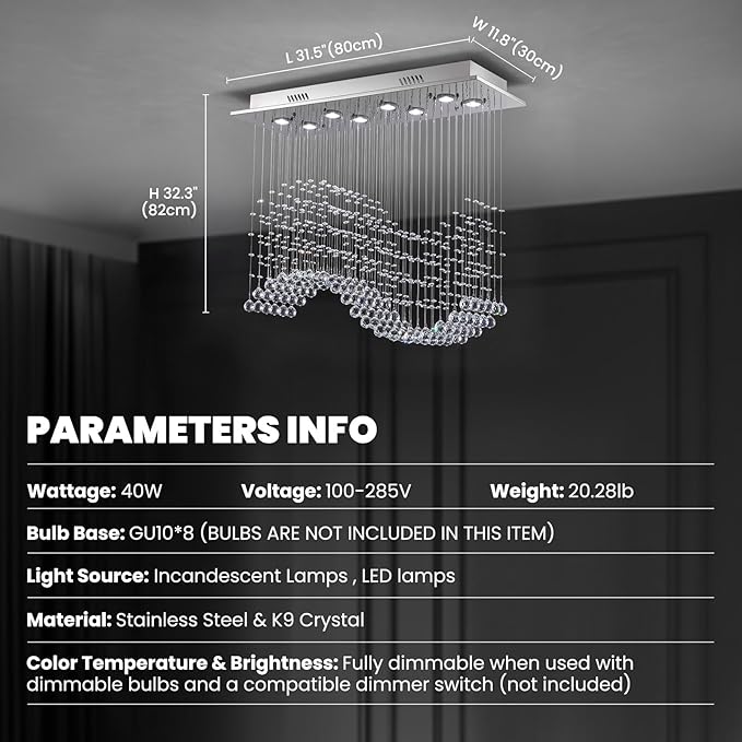 Rectangular Wave Raindrop Chandelier, Flush Mount Crystal Chandelier, Rectangle Pendant Ceiling Light Fixture for Dining Room,Kitchen Island, Living Room, L31.5×W11.8×H32.3