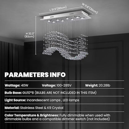Rectangular Wave Raindrop Chandelier, Flush Mount Crystal Chandelier, Rectangle Pendant Ceiling Light Fixture for Dining Room,Kitchen Island, Living Room, L31.5×W11.8×H32.3