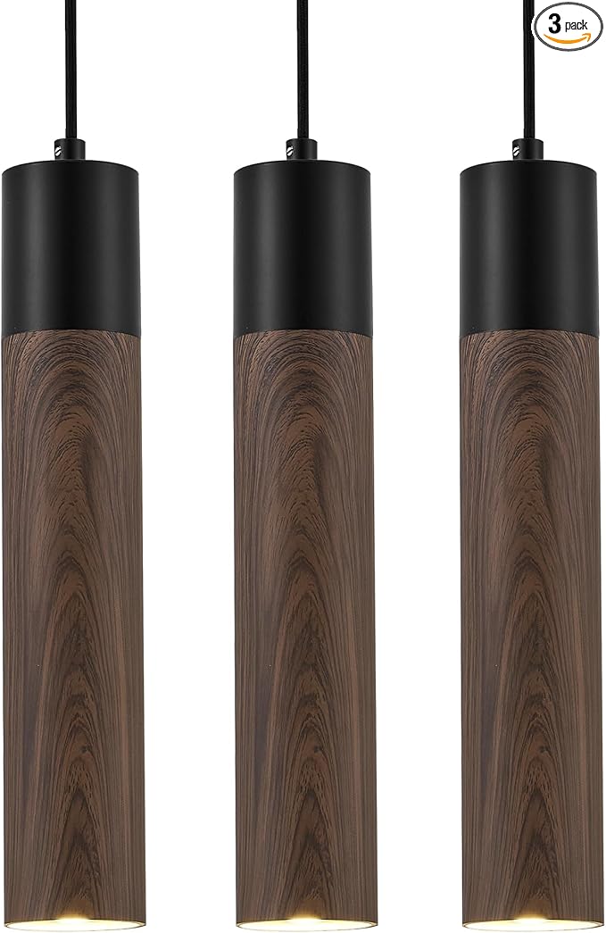 ELYONA LED Pendant Lights for Kitchen Island Walnut Wood Grain & Matte Black Metal, Modern Cylinder Pendant Light Fixtures for Dining Room Bedroom Office, GU10 Bulbs Included Adjustable Height, 3 Pack