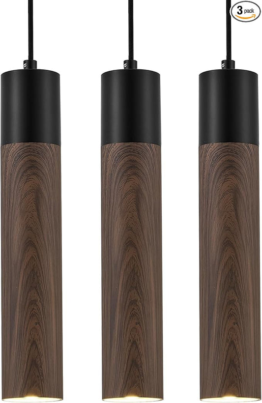 ELYONA LED Pendant Lights for Kitchen Island Walnut Wood Grain & Matte Black Metal, Modern Cylinder Pendant Light Fixtures for Dining Room Bedroom Office, GU10 Bulbs Included Adjustable Height, 3 Pack