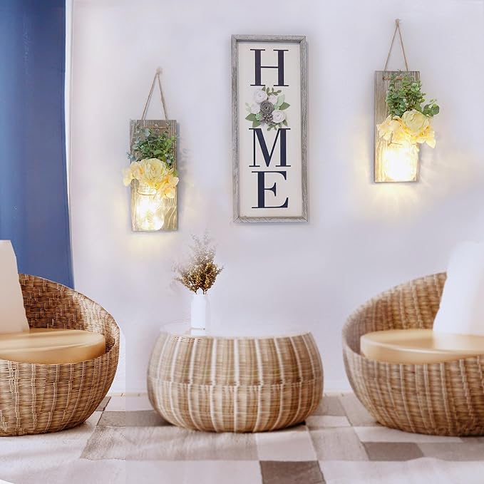 Modern Farmhouse Wall Decor Set of 2, Rustic Wall Art Living Room Decor with Led Fairy Lights and Rose Flowers, Country Home Decor Gifts, X-Large Rustic Grey