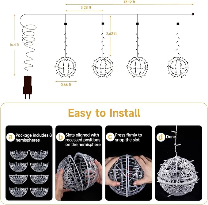 Baung Christmas String Lights Outdoors,4 Pack 7.98" Sphere Ball Tree Garden Globe Lights for Home, Party, Christmas, Porch Patio,Wedding, Garden,Tree Decoration with Memory Function Plug