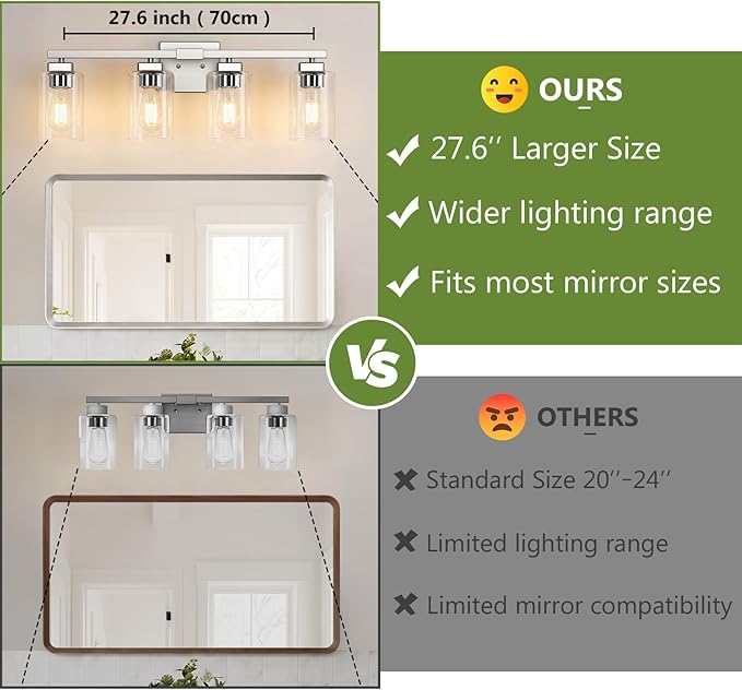 BesLowe 27" 4-Light Bathroom Light Fixture, Modern Brushed Nickel Bathroom Vanity Light, Bathroom Lighting Fixtures Over Mirror, Matte Nickel Bathrom Wall Lamp, Wall Lights for Living Room Bedroom