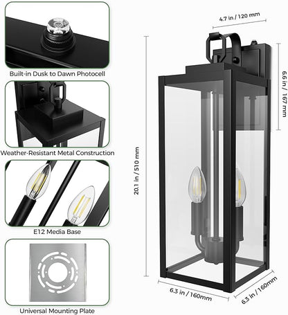DORESshop 20" Dusk to Dawn Outdoor Wall Lights, 2-Light Black Outdoor Wall Sconce Lantern with Clear Glass, Tall Transitional Exterior Light Fixtures for Porch, Garage, ETL Listed, 2 Pack