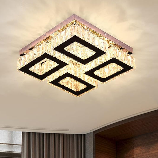 13.1'' Square Crystal Chandelier Light Modern Crystal Ceiling Light Flush Mount Ceiling Lamps for Dining Room Living Room Bedroom Hallway Warm White
