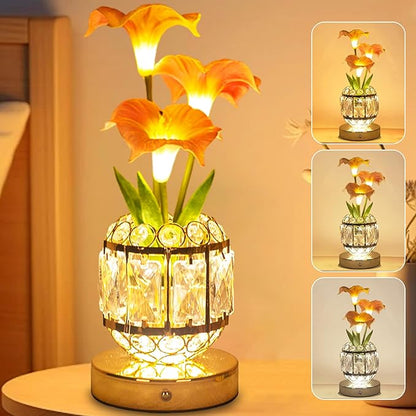 Flower Table Lamp, 3-Color Dimmable Artificial Flowers Night Light, Rechargeable Cordless Small Desk Lamp, Morning Glory with Crystal Vase for Party Date Home Decoration (Pink - Morning Glory)