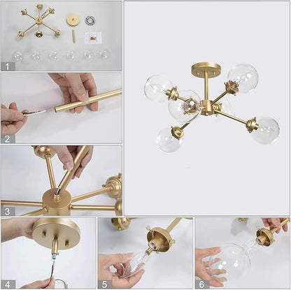 KSANA Gold Semi Flush Mount Ceiling Light, Gold Chandeliers for Dining Rooms, Kitchen, Living Room, D25.2 x H13