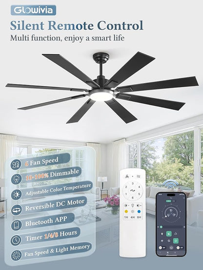65 Inch Ceiling Fans with Lights and Remote&APP Control, Black Smart Ceiling Fan with 3000-6000K Dimmable, 6 Speeds Quiet Reversible Motor, Indoor/Outdoor Ceiling Fan for Living Room Bedroom
