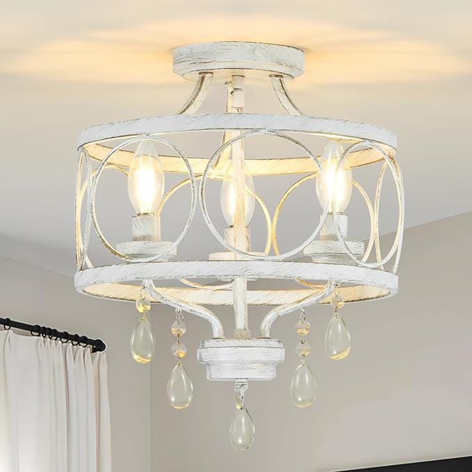 3-Light Modern White Crystal Chandelier, Farmhouse Ceiling Light Fixture, Hanging Metal Pendant Lights Kitchen Island Dining Room Entryway Foyer