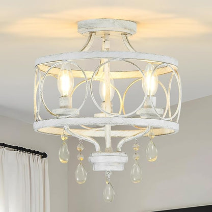 3-Light Modern White Crystal Chandelier, Farmhouse Ceiling Light Fixture, Hanging Metal Pendant Lights Kitchen Island Dining Room Entryway Foyer