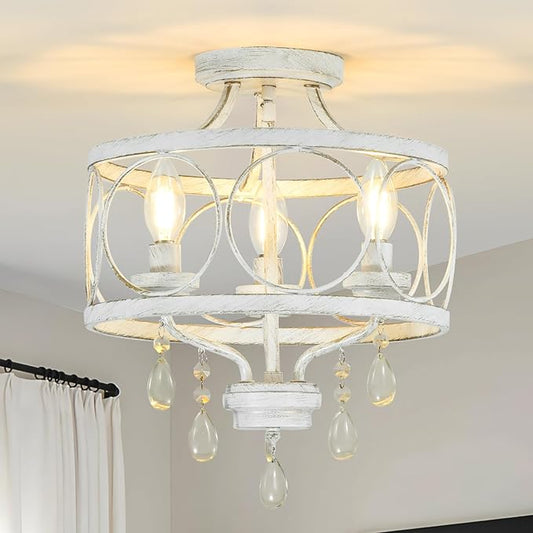 3-Light Modern White Crystal Chandelier, Farmhouse Ceiling Light Fixture, Hanging Metal Pendant Lights Kitchen Island Dining Room Entryway Foyer