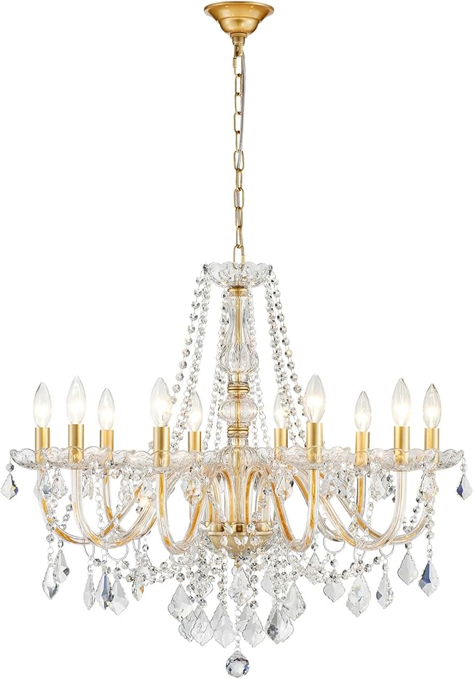Large Crystal Chandelier, Modern Gold Crystal Chandeliers for Dining Room Light Fixture, 10-Lights Large Gold Pendant Light Fixtures Luxury Chandelier for Living Room Bedroom Foyer Entryway D26.8''