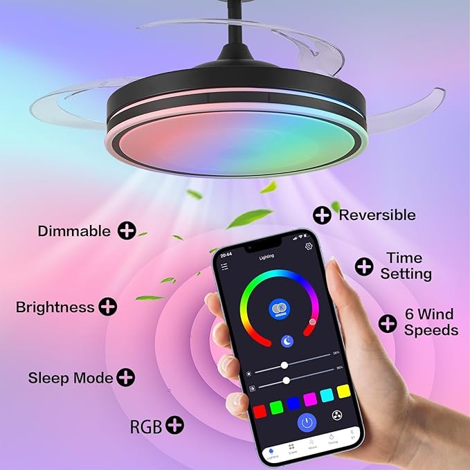 36" RGB Fandelier Light, Bluetooth Black Modern Ceiling Fan - 6 Speed Silent Reversible Blade, Remote/APP Control, Dimmable LED for Dining Living Room, Bedroom Kitchen