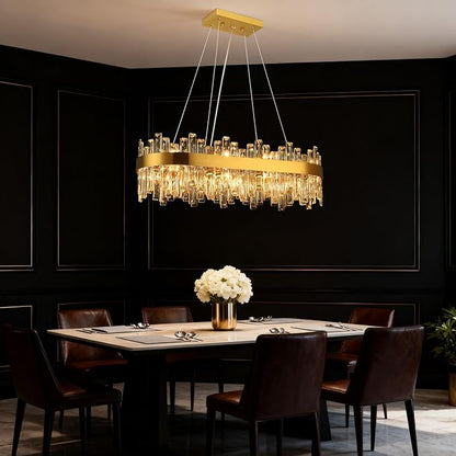 Weesalife Gold Crystal Chandeliers for Dining Room Lights Fixtures Over Table, 16 Lights Modern Rectangle 2-Tier Chandeliers for Kitchen Island Bar L32 Inch