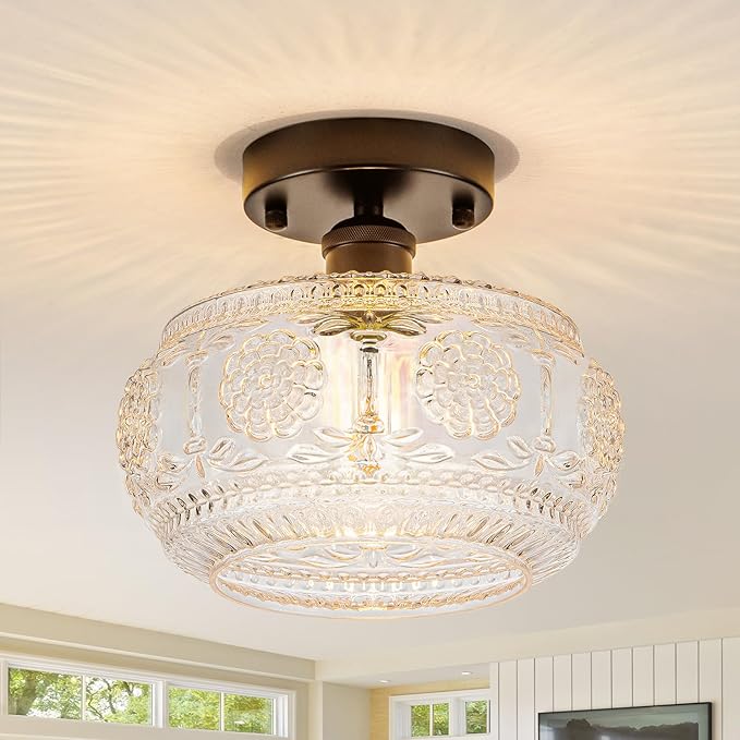 Semi Flush Mount Ceiling Light Fixture - Black Metal Base & Floral Glass Shade, Modern Vintage Lighting for Entryway, Bathroom, Kitchen, Bedroom (Bulb Not Included)