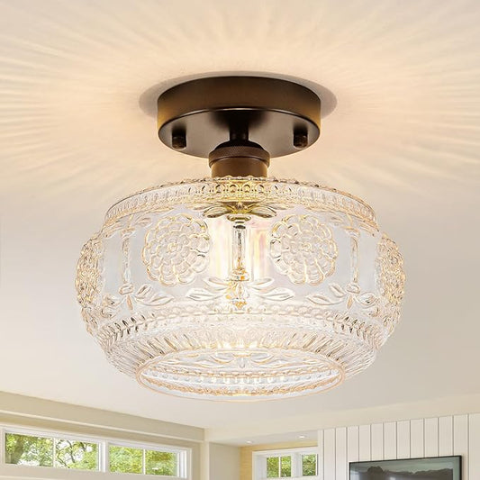 Semi Flush Mount Ceiling Light Fixture - Black Metal Base & Floral Glass Shade, Modern Vintage Lighting for Entryway, Bathroom, Kitchen, Bedroom (Bulb Not Included)