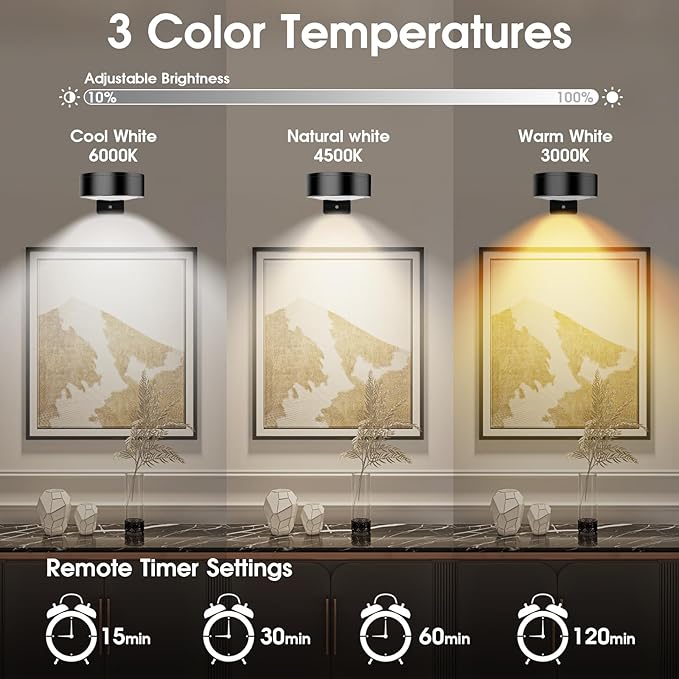 Picture Lights for Wall, 3 Lighting Modes Magnetic Art Display Light,Battery Operated Led Painting Light with Remote Control Dimmable & Timer,3Pack Black