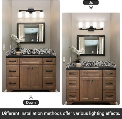 FonmYim Black Bathroom Light Fixtures, 4-Light Modern Vanity Light Over Mirror, Wall Sconces with Milky White Frosted Glass Shades, E26 Socket (Bulbs Not Included)