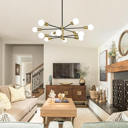 BesLowe 31'' 12-Light Modern Sputnik Chandelier, Mid Century Black & Gold Chandeliers Lighting, Farmhouse Ceiling Hanging Light Fixture for Dining Room Bedroom Room Kitchen Foyer, Height Adjustable