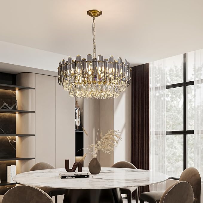 7PM Gold Crystal Chandeliers, 24-inch 4-Tier Modern Crystal Chandelier for Dining Room, Luxury Crystal Pendant Light Ceiling Light Fixture for Living Room Kitchen Island Bedroom Entryway, Brass Finish