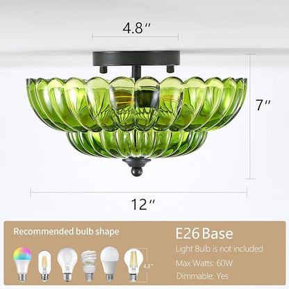 Modern Black Ceiling Light Fixture, 12" Green Glass Flush Mount Chandeliers, Semi Flush Mount Ceiling Light Fixture Suitable for Living Room Hallway Kitchen Bedroom