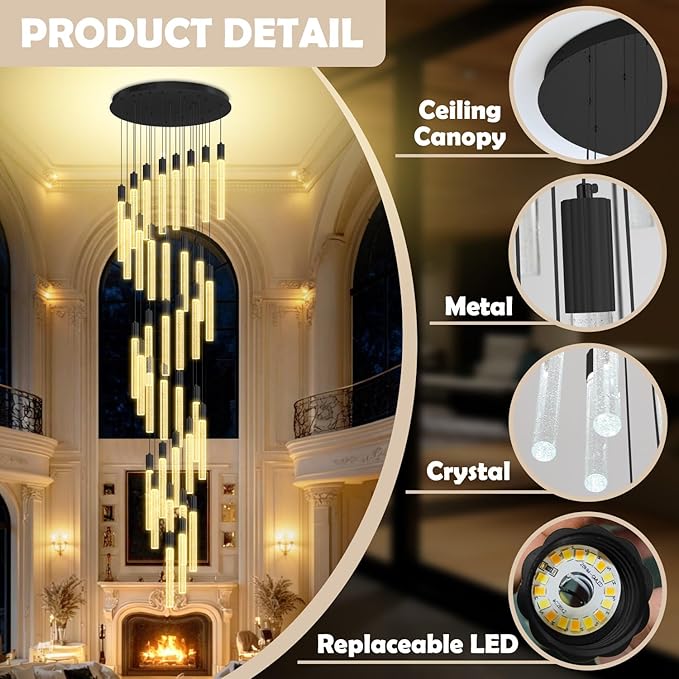 200" Extra Long Crystal Chandelier for High Ceiling 36-Light Black Crystal Column Chandeliers Modern Dimmable LED Ceiling Light for Foyer Entryway Staircase Double-Height Hotel Lobby