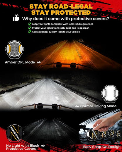 Auxbeam V-Ultra Series Side Shooter Light Bar, 5Inch 172W Round Offroad Lights LED Pods 20400LM, Amber DRL & Spotlight Dual Color 270° Wider Off Road Lighting with Protective Covers, Pair