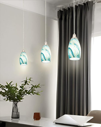 Art Glass Mini Pendant Lights for Kitchen Island Blown Art Glass Pendant Light Shade hanging ceiling lights with Brushed Nickel Finish for Kitchen Counter bar,Dining Room Blue Mixing Yellow-1P