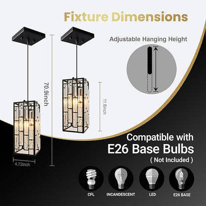 Black Crystal Pendant Lights for Kitchen Island, 3 Pack Modern Mini Hanging Light Fixtures with Adjustable Cord, E26 Ceiling Pendant Lighting for Dining Room, Entryway, Hallway, Bar