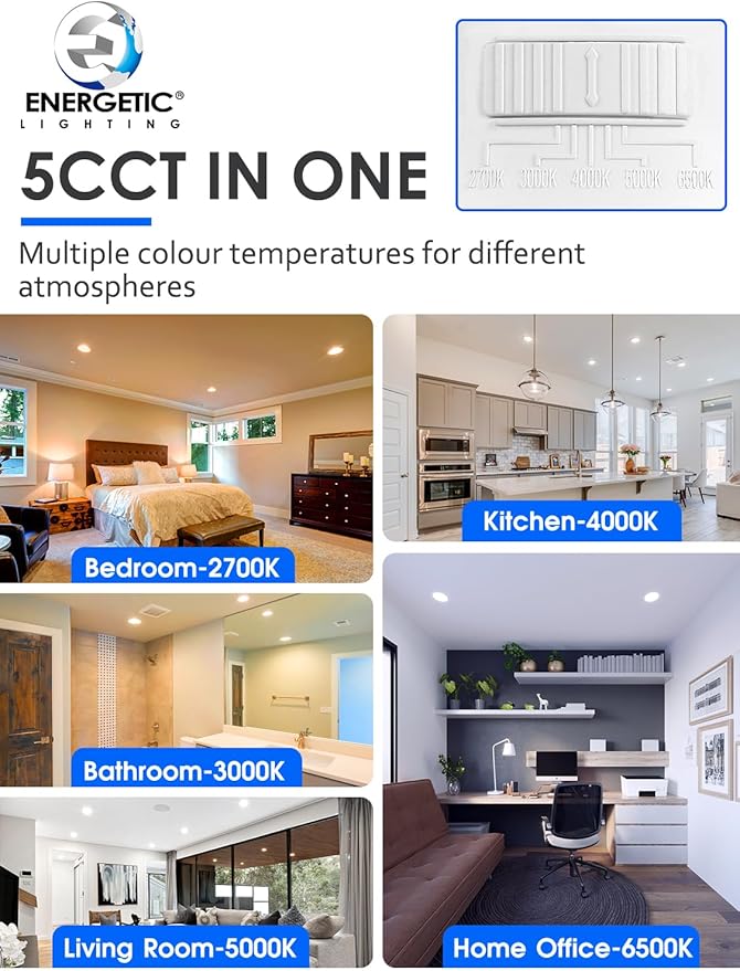 Energetic 4 Inch 5CCT Recessed Lighting, LED Can Lights for Ceiling, Dimmable Downlight, 5.4W, Equivalent 45W, 2700K/3000K/4000K/5000K/6500K Selectable, Damp Rated, Baffle Trim, ETL, 24 Pack
