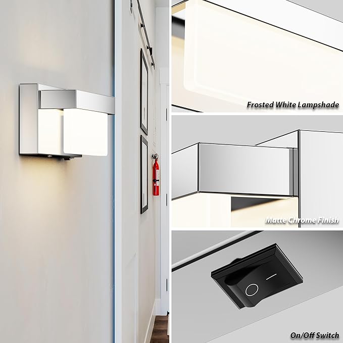Wall Sconce Chrome Wall Light with On/Off Switch 8 inch LED Wall Lamp Acrylic Lampshade 4000K Sconce Wall Lighting