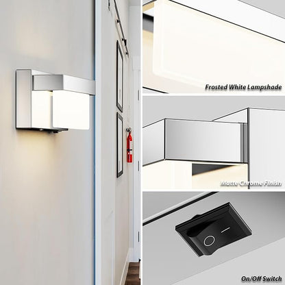 Wall Sconce Chrome Wall Light with On/Off Switch 8 inch LED Wall Lamp Acrylic Lampshade 4000K Sconce Wall Lighting