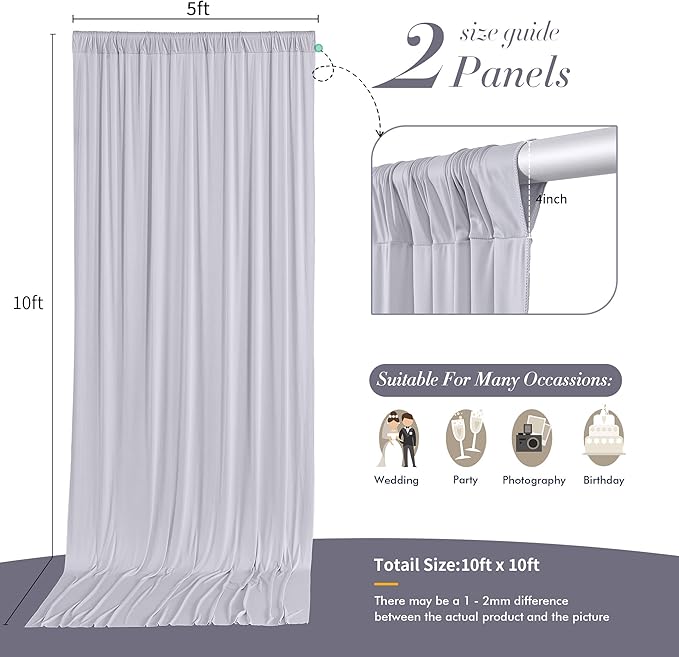 10 ft x 10 ft Wrinkle Free Silver Backdrop Curtain for Parties, Polyester Silver Grey Backdrop Drapes 2 Panels 5x10ft for Baby Shower Photoshoot Engagement Wedding Birthday Photography Background
