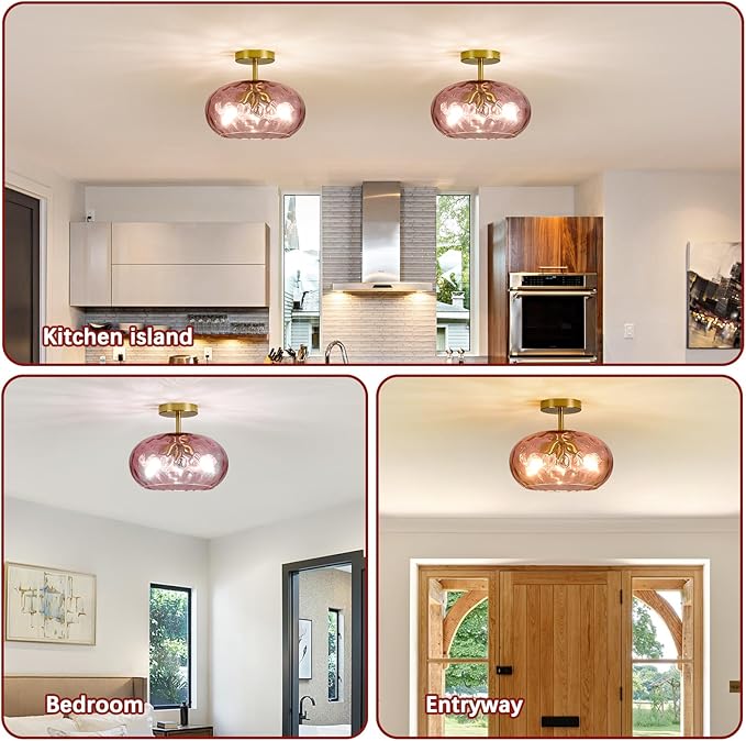 Luafac Red Glass Semi Flush Mount Ceiling Light - 12 Inch Hammered Glass Hallway Light fixtures, Vintage Gold Flush Mount Ceiling Light,Mid Century Light Fixture for Entryway Laundry Room Foyer Porch