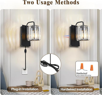Plug in Sconces, Square Crystal Sconce Black Plug in Wall Sconce with On Off Dimmer Cord, Glass Wall Light Fixtures for Living Room Bedroom Hallway Staircase Bedside