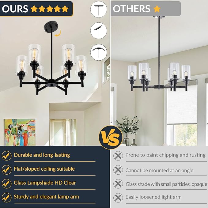 Black Chandelier, 6 Light Farmhouse Chandeliers for Dining Room Light Fixtures Over Table, Industrial Hanging Lighting with Clear Glass Shade for Living Room Kitchen Island Bathroom Entryway Bedroom