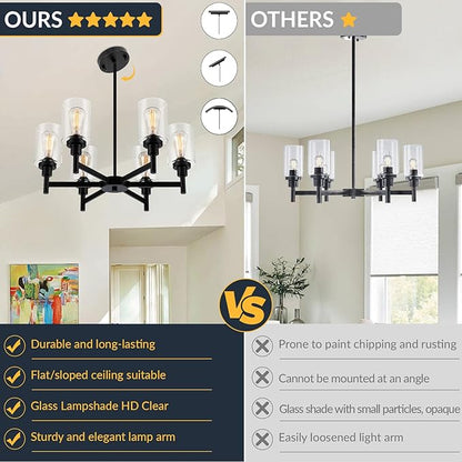 Black Chandelier, 6 Light Farmhouse Chandeliers for Dining Room Light Fixtures Over Table, Industrial Hanging Lighting with Clear Glass Shade for Living Room Kitchen Island Bathroom Entryway Bedroom