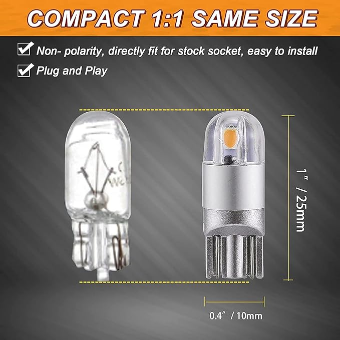 Auxbeam 194 T10 LED Bulbs Amber, Non-Polarity Extremely Bright 168 W5W Car Interior Lights, Replacement Bulb for License Plate lights, Dome Map Light, Dashboard Lights, 10 PCS