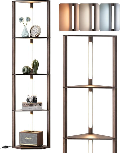 EDISHINE Dimmable LED Floor Lamp with Shelves, Corner Floor Lamps for Living Room, Corner Shelf with LED Light, 3CCT, Modern Standing Lamp, Floor Lamp for Bedroom, Office, Walnut