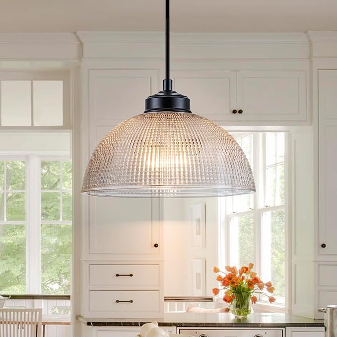 EDSILIVE Vintage Glid Glass Pendant Lights Kitchen Island 9.84" Barn Dome Clear Glass Hanging Ceiling Light Fixture with Black Finish for Dining Room Kitchen Table