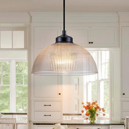 EDSILIVE Vintage Glid Glass Pendant Lights Kitchen Island 9.84" Barn Dome Clear Glass Hanging Ceiling Light Fixture with Black Finish for Dining Room Kitchen Table