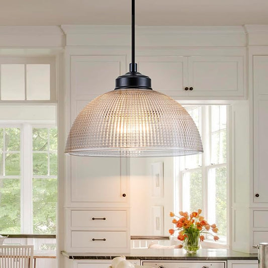 EDSILIVE Vintage Glid Glass Pendant Lights Kitchen Island 9.84" Barn Dome Clear Glass Hanging Ceiling Light Fixture with Black Finish for Dining Room Kitchen Table
