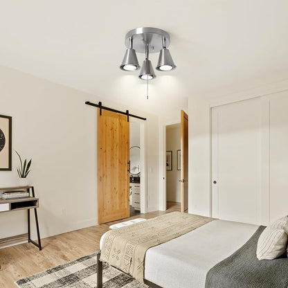 3-Light Industrial Directional Track Lighting with Pull Chain On/Off, Adjustable Round Ceiling Spotlight, Morden Nickel Flush Mount Kitchen Light for Hallway,Dining Room,Gu10 Bulbs Included