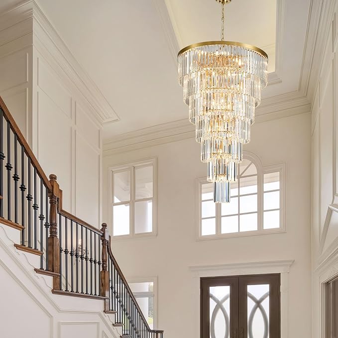 Gold Long Crystal Chandelier for High Ceiling, Height 47 inch 7-Tier Modern Large Chandeliers Lighting Fixture, Round Light for Entryway Staircase Foyer