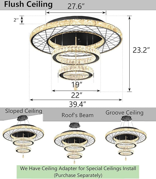 HAIXIANG Crystal Glam Chandelier LED Ceiling Light Living Room Lighting Fixtures Remote Dimmable Ceiling Chandeliers 40 Inches Large Light Black