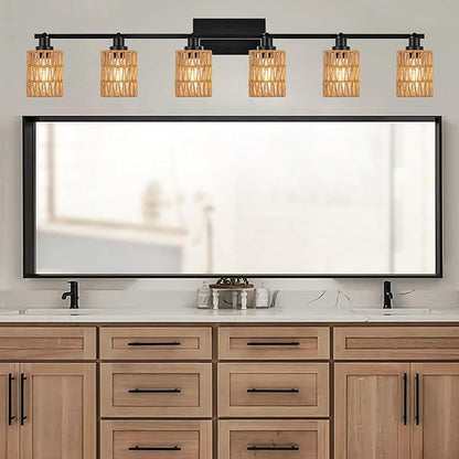 MELUCEE Ceiling Track Lighting Kits 6 Light Farmhouse Bathroom Light Fixtures with Flexibly Rotatable Light Head, Black Spotlights with Rattan Lamp Shade for Hallway Porch Foyer Bath