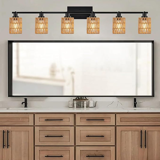 MELUCEE Ceiling Track Lighting Kits 6 Light Farmhouse Bathroom Light Fixtures with Flexibly Rotatable Light Head, Black Spotlights with Rattan Lamp Shade for Hallway Porch Foyer Bath