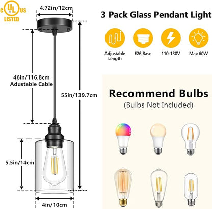 Licperron 3 Pack Hanging Pendant Lighting Fixtures, Adjustable Black Hanging Ceiling Lamp with Clear Glass Shade, Modern Pendant Light for Kitchen Island, Dining Room, Bedroom, Hallway