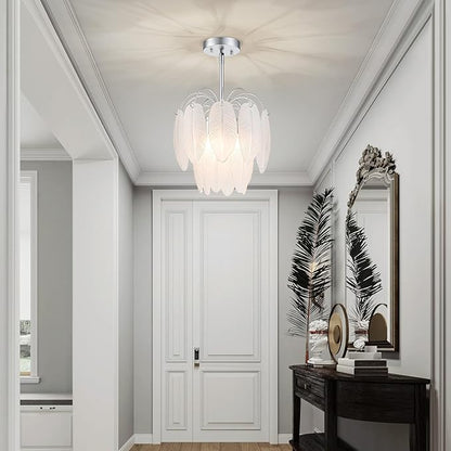 LumFurn D12 inch Glass Chandeliers, 3-Light Modern Pendant Light Fixture for Dining Room, Living Room, D12x18~47 in(Adjustable Height), White Frosted Glass Feather Shade & Silver Finish Frame